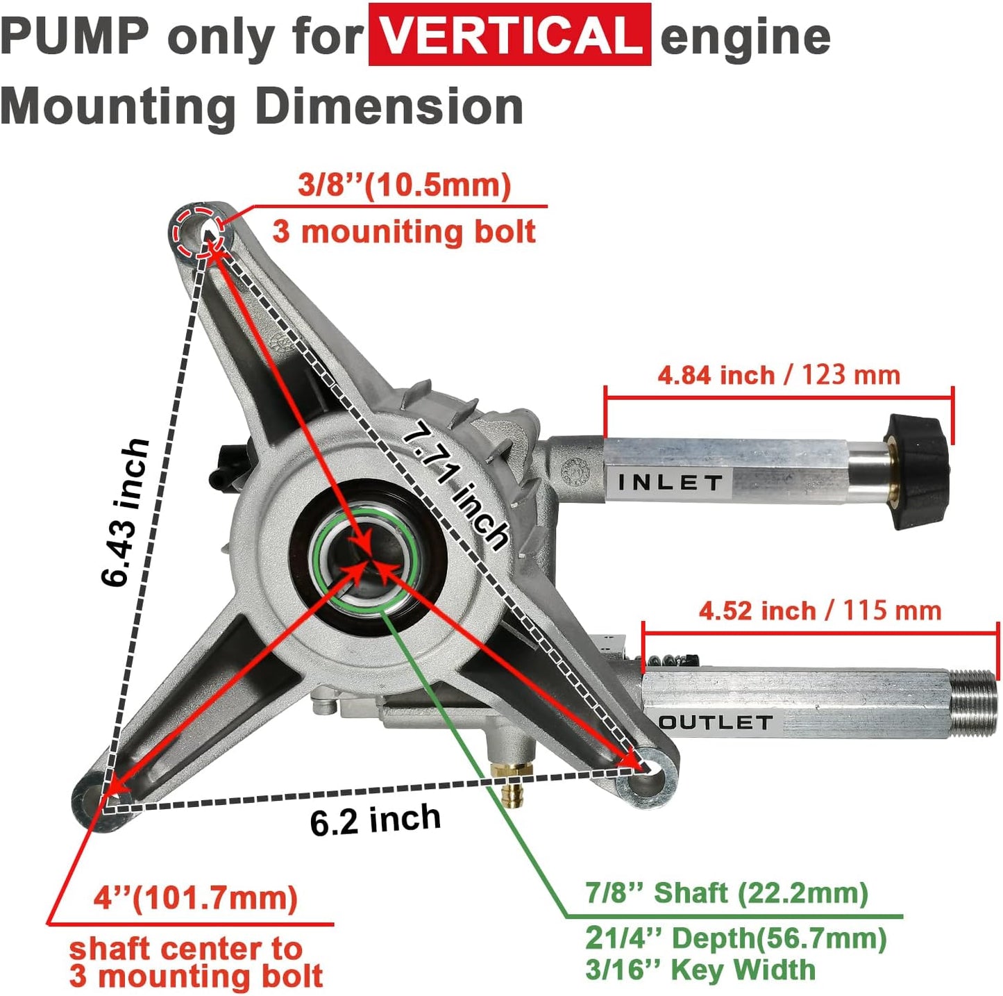 Front Side 7/8" Shaft Vertical Pressure Washer Pump 2500-3000 PSI @2.5 GPM