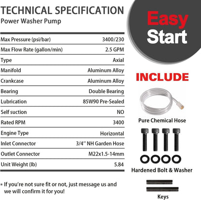 3/4" Shaft Horizontal Pressure Washer Pump 3400 PSI @ 2.5 GPM