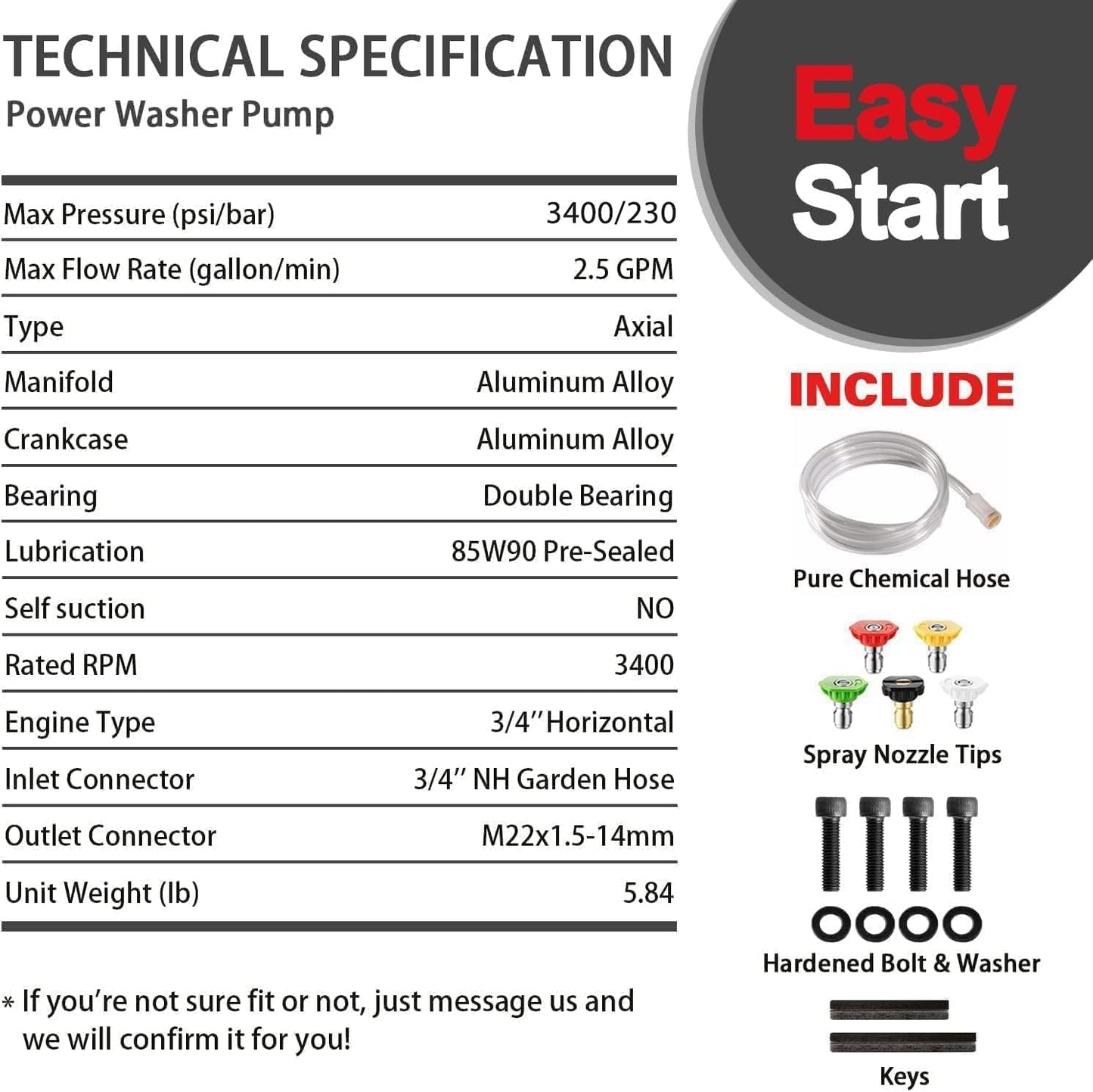 Anodic Oxidation 3/4" Shaft Horizontal Pressure Washer Pump Max 3400 PSI @ 2.5/2.6 GPM