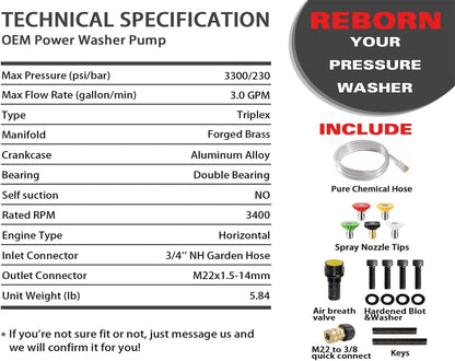 Triplex 3/4" Shaft Horizontal Pressure Washer Pump 3300 PSI @ 3.0 GPM 5-8 HP