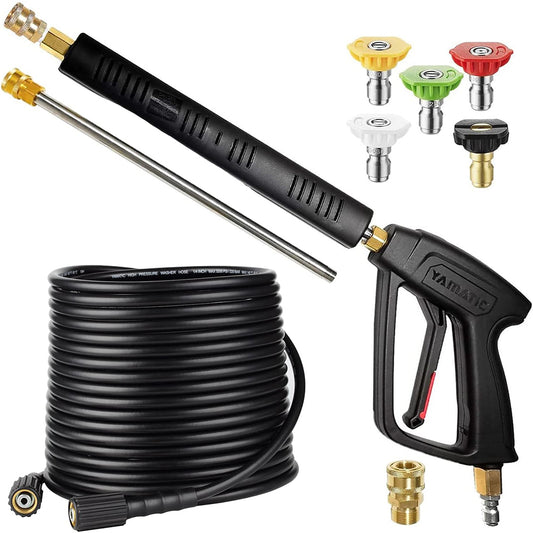 Pressure Washer Gun and Hose Kit 3/8" Swivel Quick Connector & M22-14mm Fitting 4000 PSI (Black Hose)