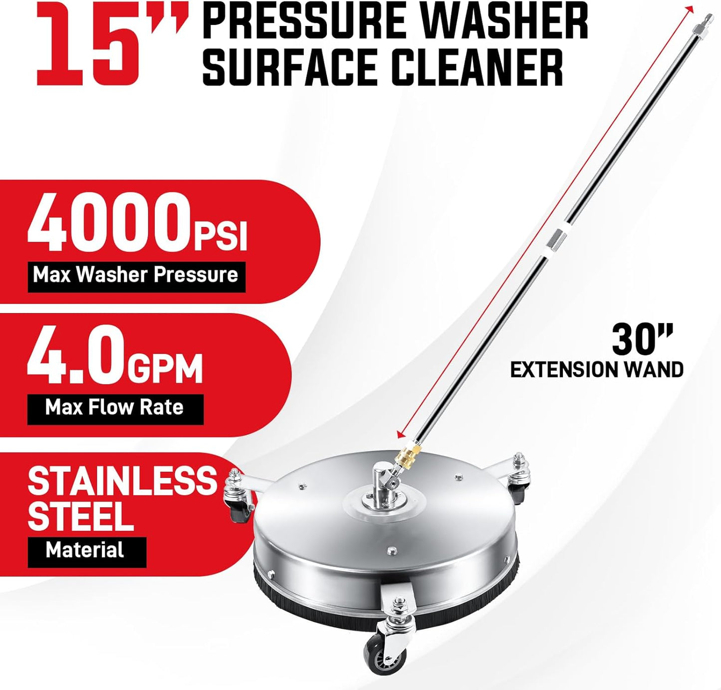 15'' Pressure Washer Surface Cleaner with 2 Extension Wands 4500 PSI