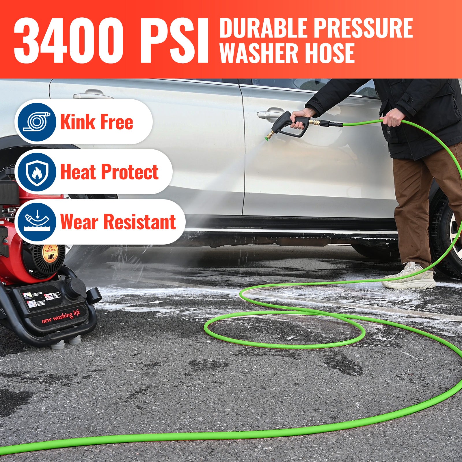 Flexible Pressure Washer Hose With Heat-resistant Sleeve 3400 PSI