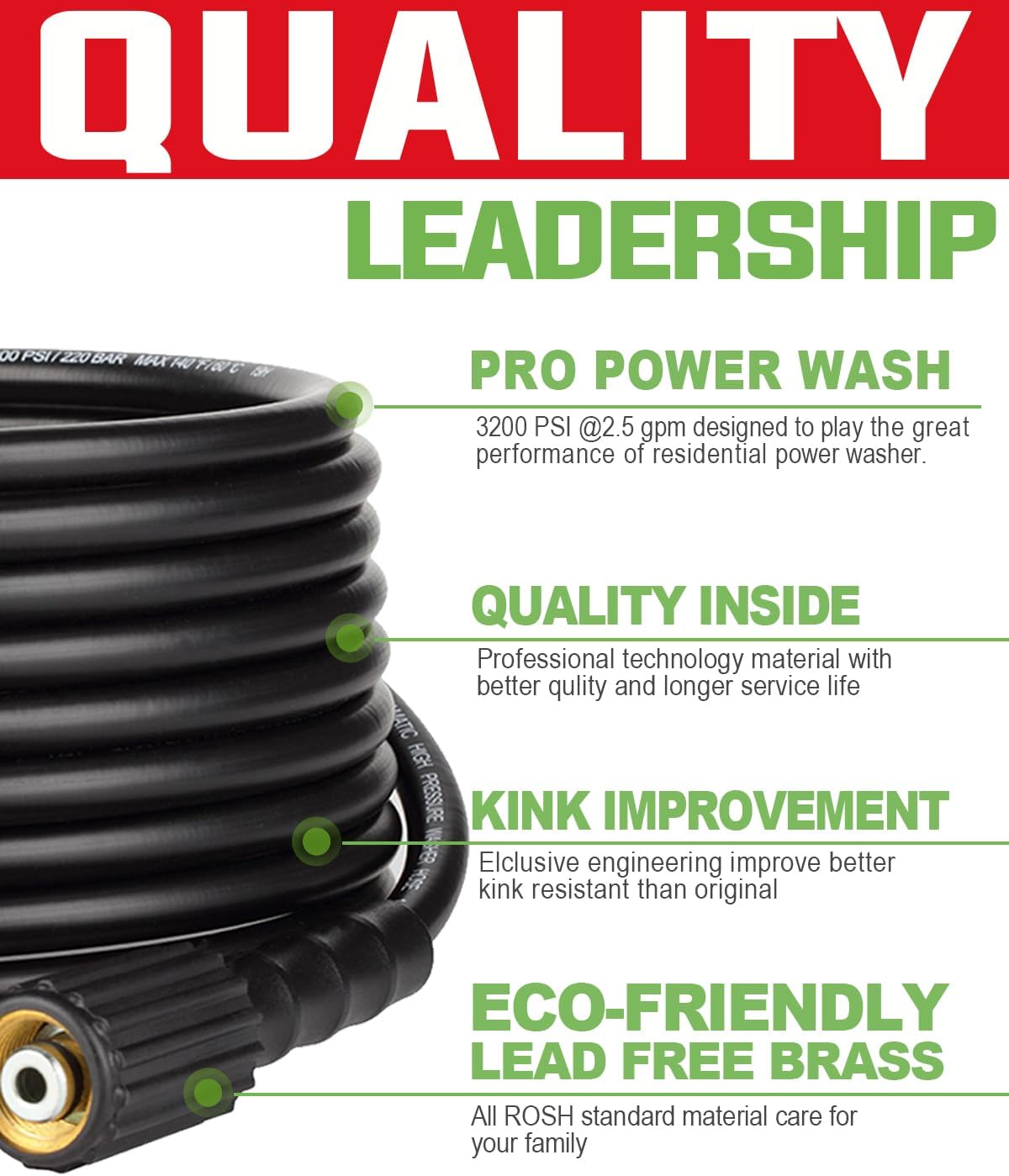 Kink Resistant Pressure Washer Hose with Quick Connect 3200 PSI