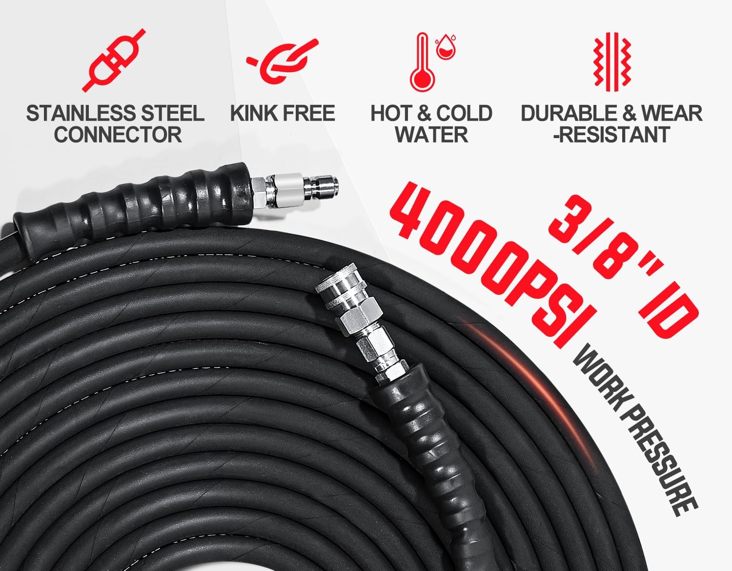 3/8" Rubber Pressure Washer Hose with Stainless Steel Connect 4000 PSI