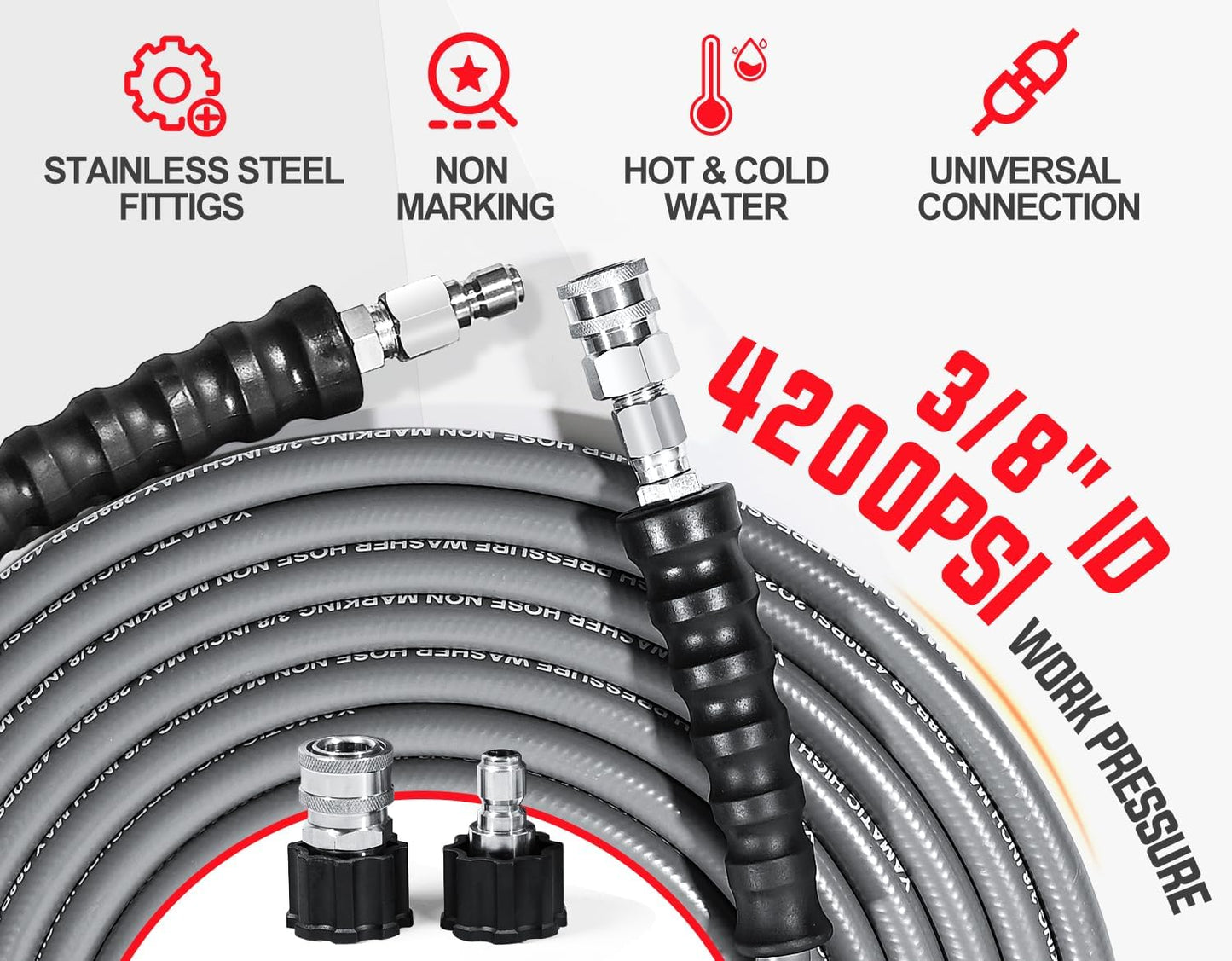 3/8" Non Marking Rubber Pressure Washer Hose Hot/Cold Water with Stainless Steel Swivel Quick Connect 4200 PSI