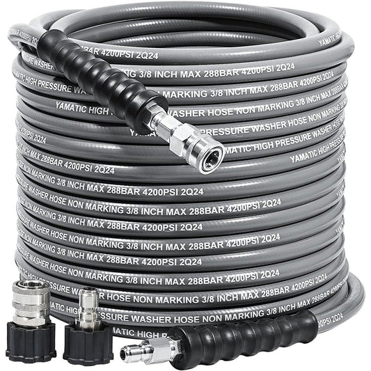 3/8" Non Marking Rubber Pressure Washer Hose Hot/Cold Water with Stainless Steel Swivel Quick Connect 4200 PSI