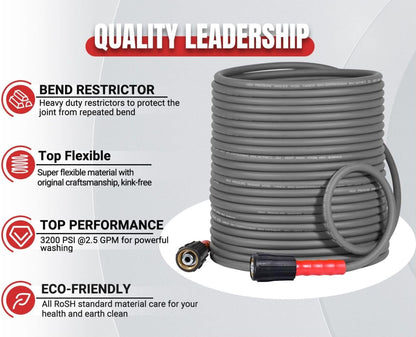 Super Flexible Pressure Washer Hose M22 & 3/8" Quick Connect 3200 PSI Grey