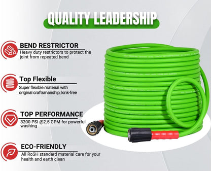 Super Flexible Pressure Washer Hose M22 & 3/8" Quick Connect 3200 PSI Green