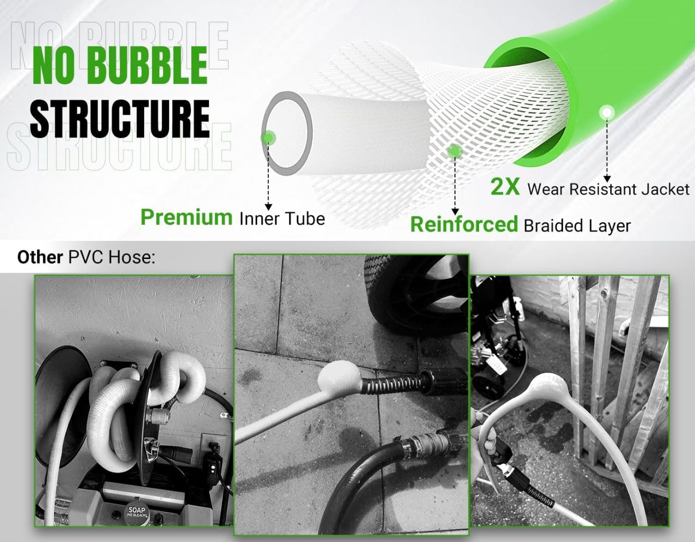 Super Flexible Pressure Washer Hose M22 & 3/8" Quick Connect 3200 PSI Green