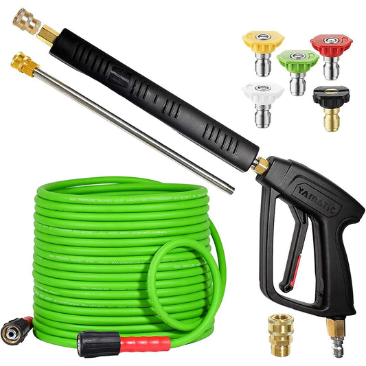 Pressure Washer Gun and Hose Kit 3/8" Swivel Quick Connector & M22-14mm Fitting 4000 PSI (Green Hose)