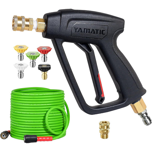 Short Pressure Washer Gun and Hose Kit 3/8" Swivel Quick Connector & M22-14mm Fitting 4000 PSI (Green Hose)