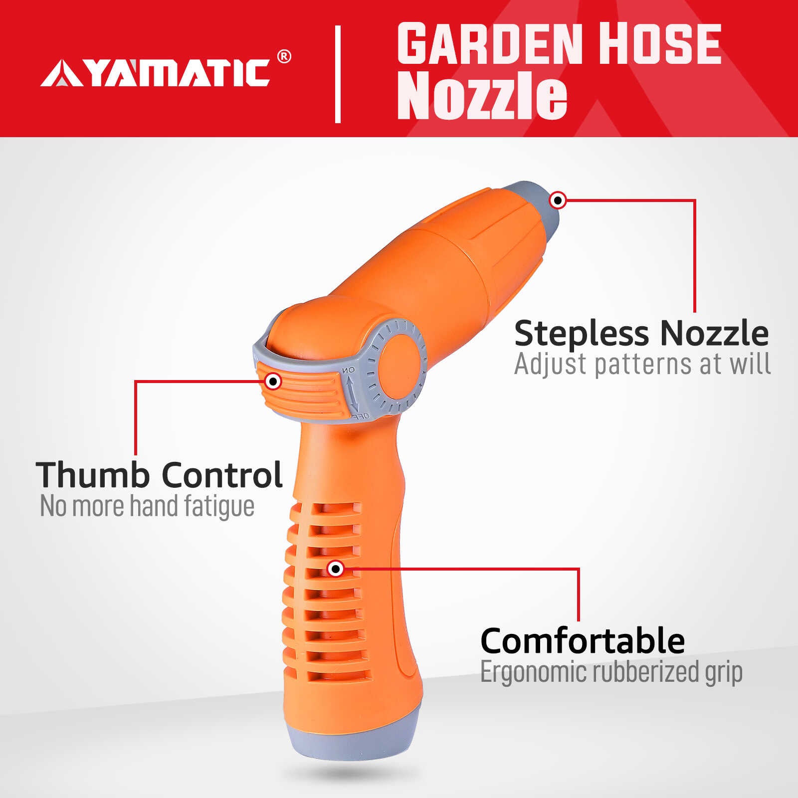 YAMATIC Garden Hose Nozzle with High Pressure Jet, Thumb Control On Off Valve for Watering Garden, Washing Cars, and Showering Pets - ABS Comfortable