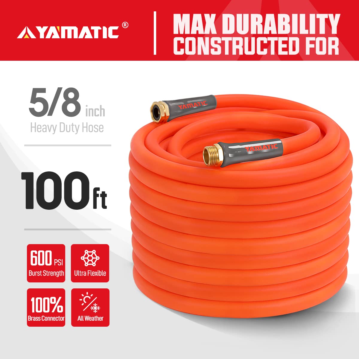 YAMATIC Heavy Duty Garden Hose 5/8 in x 100 ft, Super Flexible Water Hose, All-weather, Lightweight, GHSE 5P01AH-WFS-B