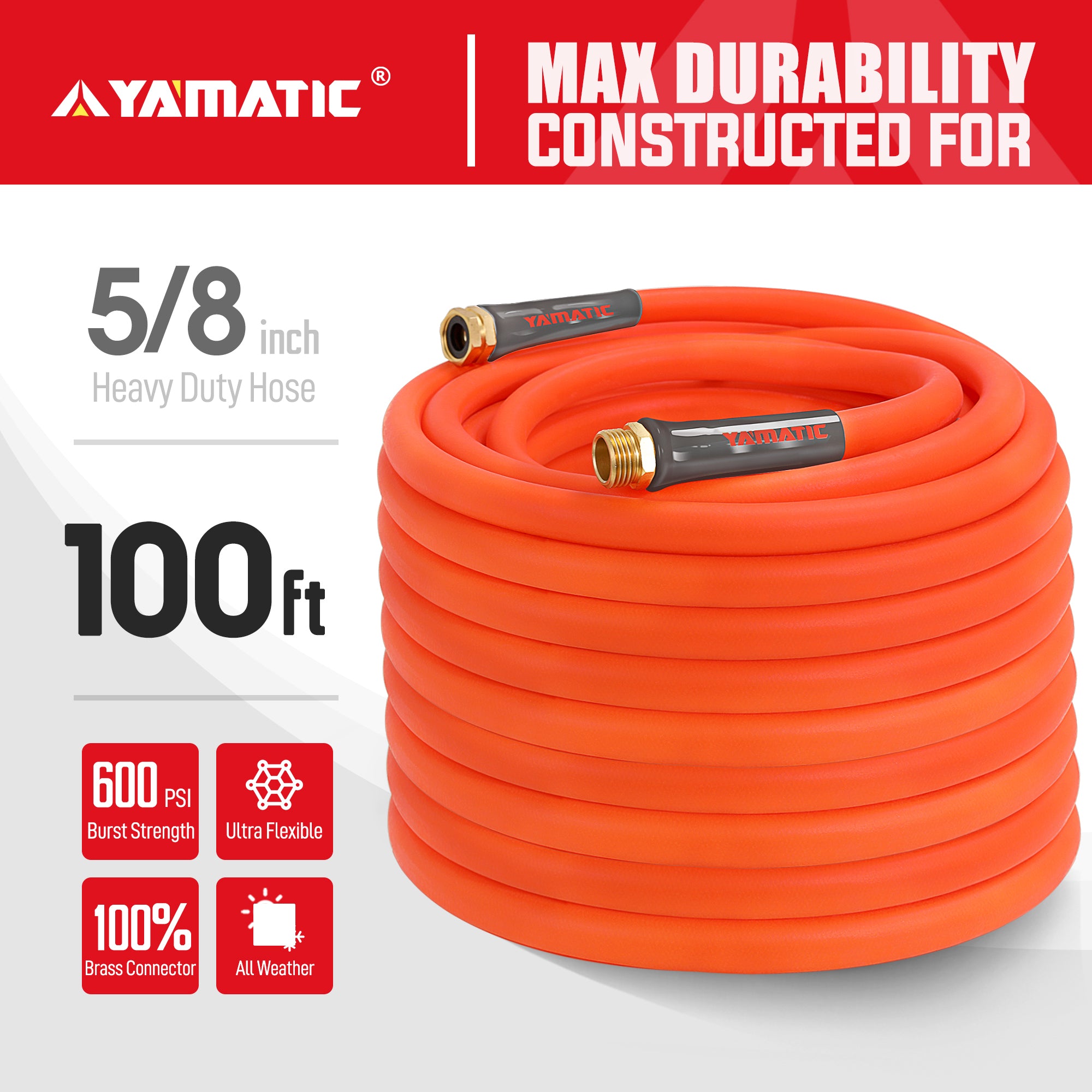 YAMATIC Heavy Duty Garden Hose 5/8 in x 100 ft, Super Flexible Water Hose, All-Weather, Lightweight, Burst 600 PSI