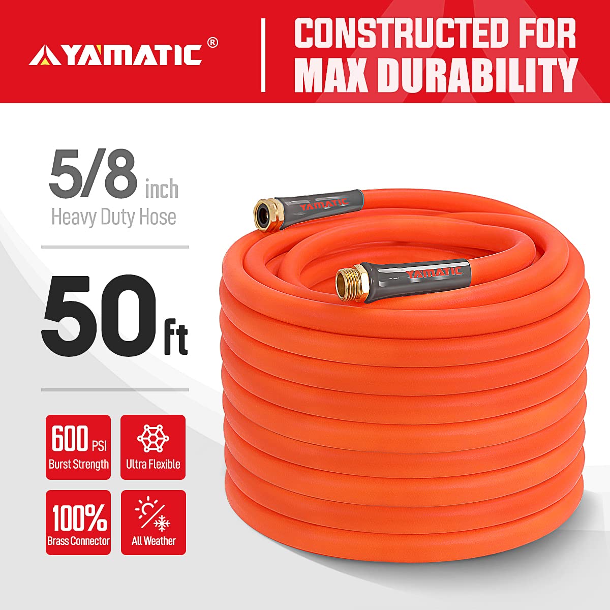 YAMATIC Heavy Duty Garden Hose 5/8 in x 50 ft, Super Flexible Water Hose, All-weather, Lightweight, Burst 600 PSI