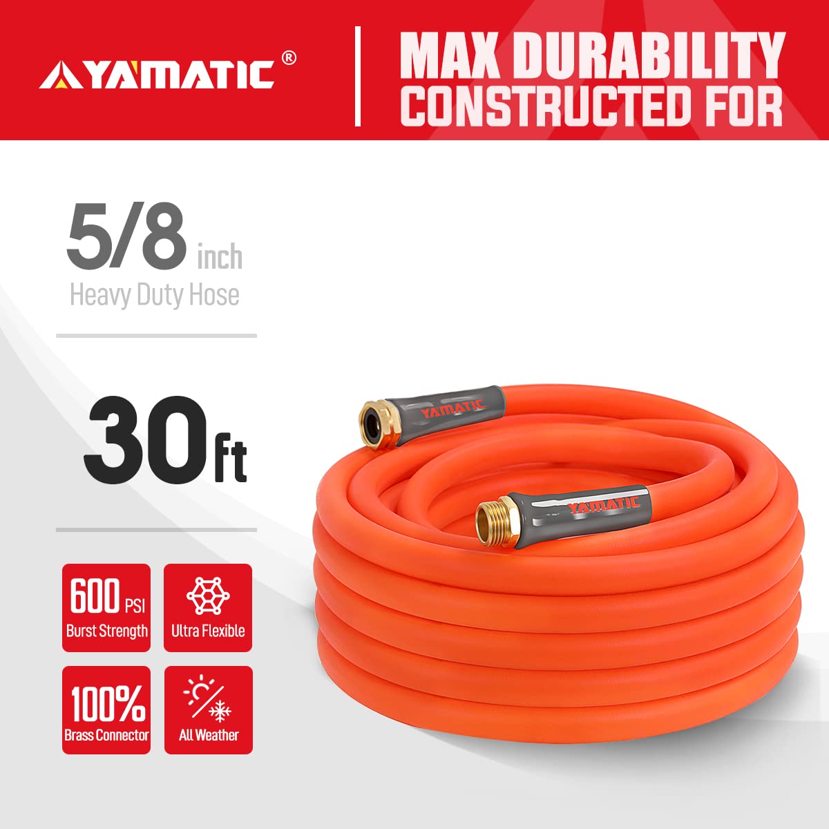 YAMATIC Heavy Duty Garden Hose 5/8 in x 30 ft, Super Flexible Water Hose, All-weather, Lightweight,GHSE 5P30AH-WFS-A