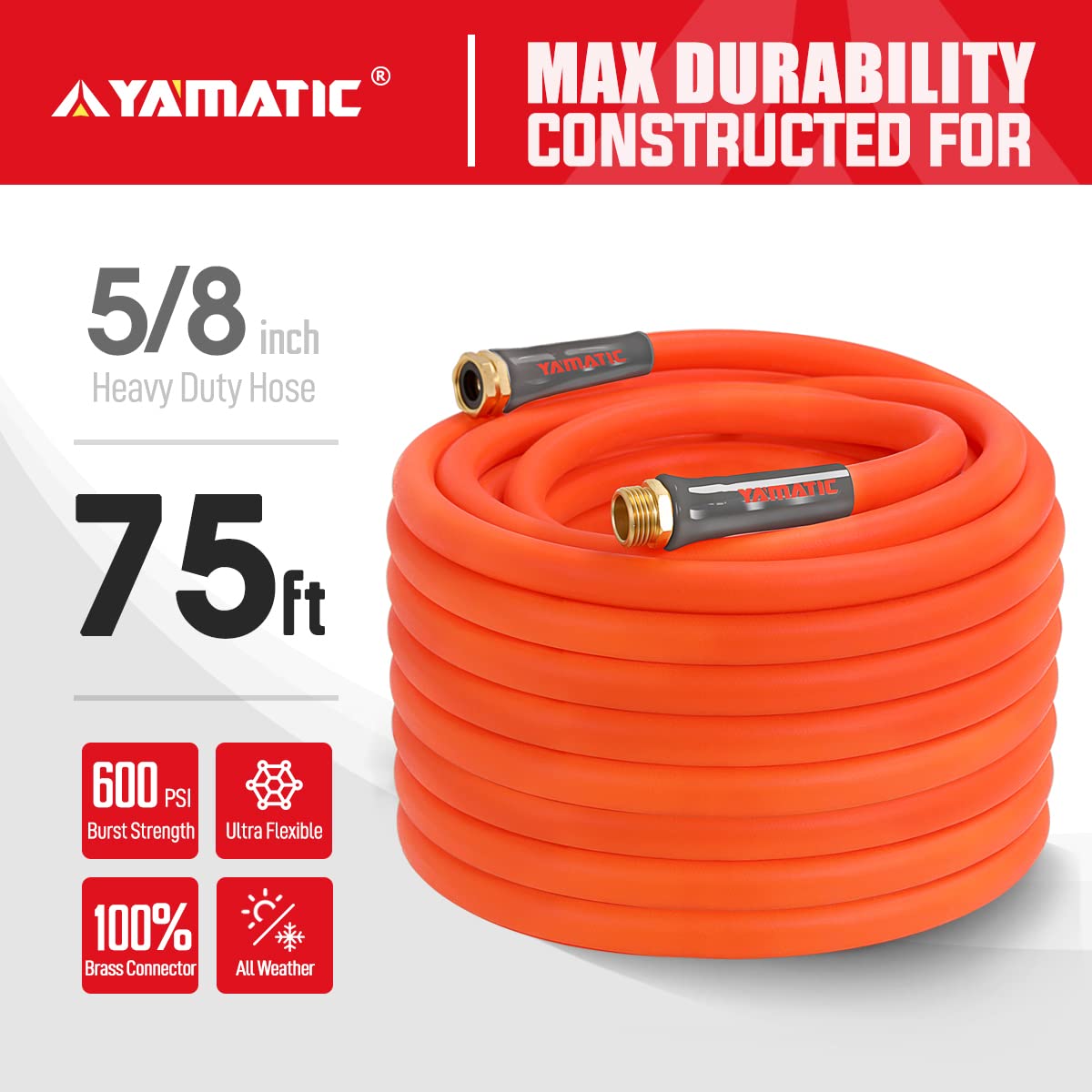 YAMATIC Heavy Duty Garden Hose 5/8 in x 75 ft, Super Flexible Water Hose, All-weather, Lightweight, Burst 600 PSI GHSE 5P75AH-WFS-A