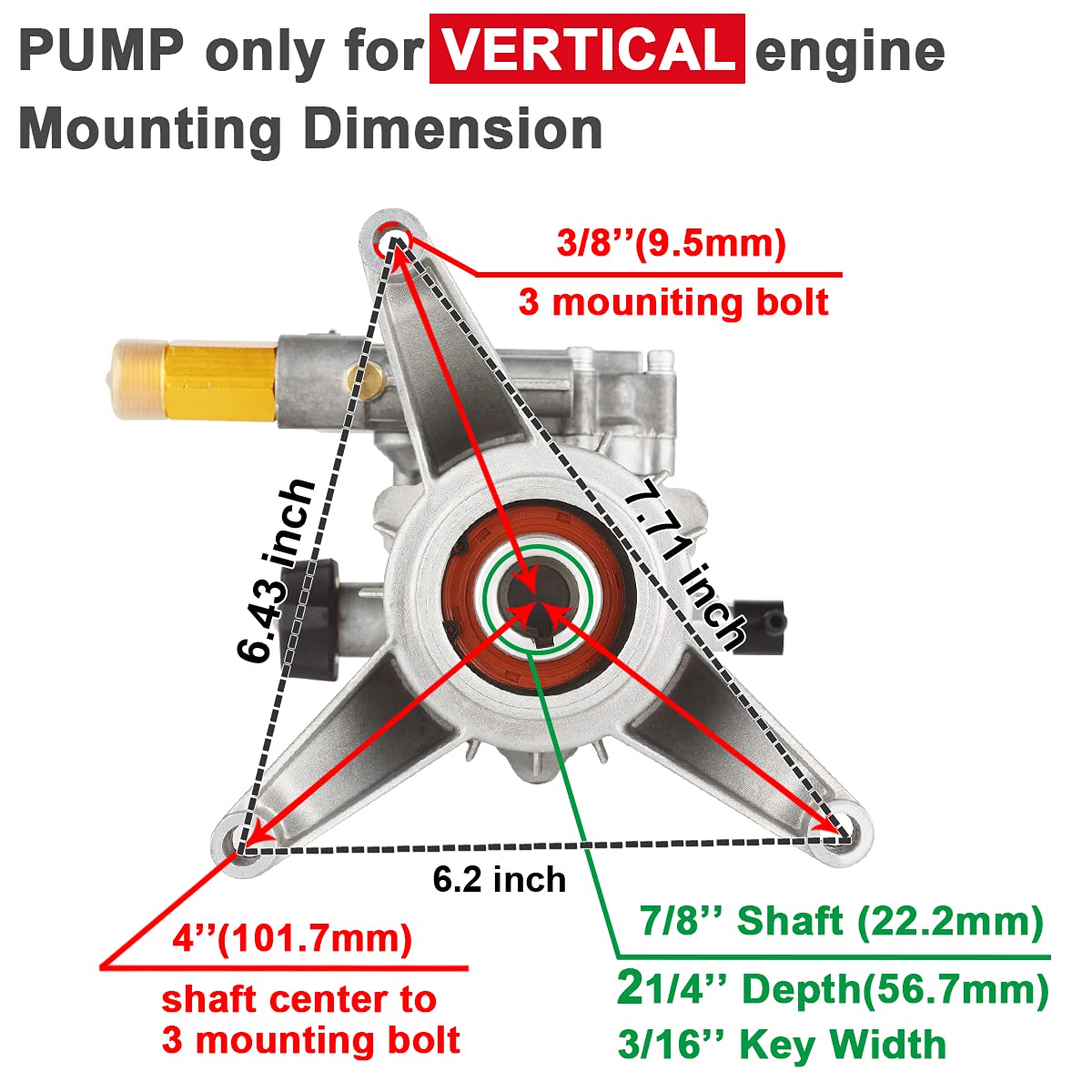 YAMATIC 7/8" Shaft Vertical Pressure Washer Pump 3000 PSI @ 2.5 GPM Replacement Pump for Power Washer Compatible with 308653045, 308653093, 308653052, 308653078, GCV190 Rear Inlet/Outlet  Washer Pump 2923VA-WFS