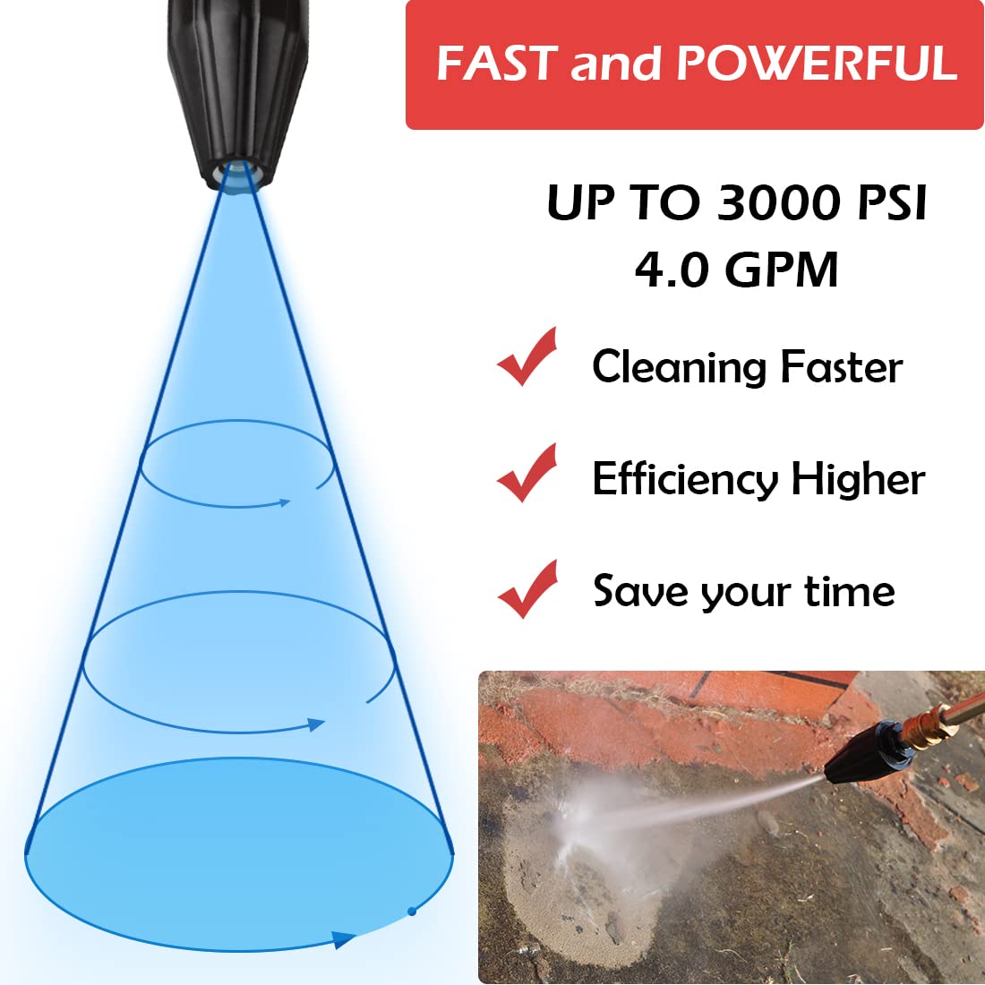 YAMATIC Pressure Washer Tips Turbo Nozzle, 360?? Rotating Spray Turbo with 5 Spray Nozzles, 3000 PSI Max 3500 PSI with 1/4 inch Quick Connector for Cleaning Brick, Concrete Surfaces(4.0 GPM)