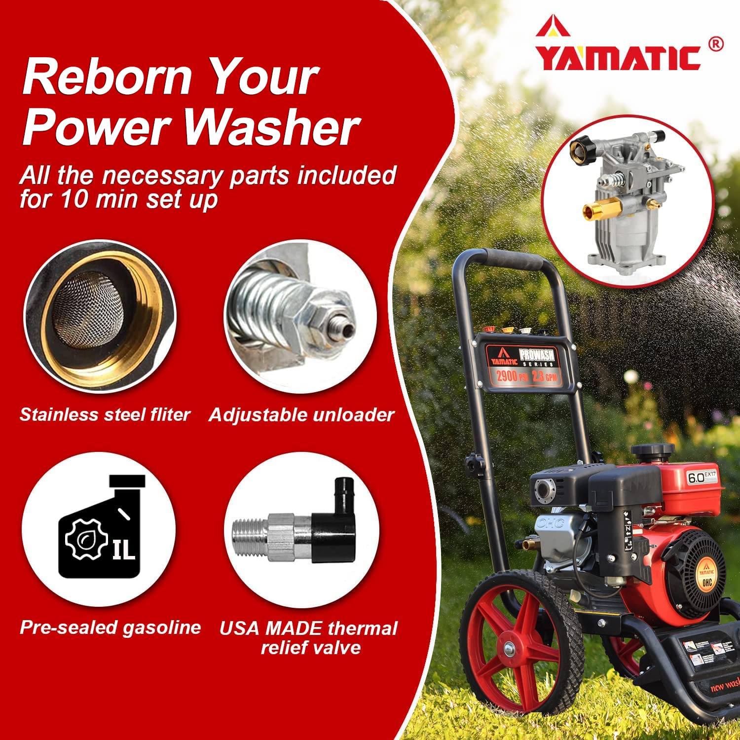 YAMATIC 3/4" Shaft Horizontal Pressure Washer Pump - 3000 PSI @ 2.5 GPM - Original Engineering Pump for Most Brand Engine Power Washer  Washer Pump 2923HA-WFS