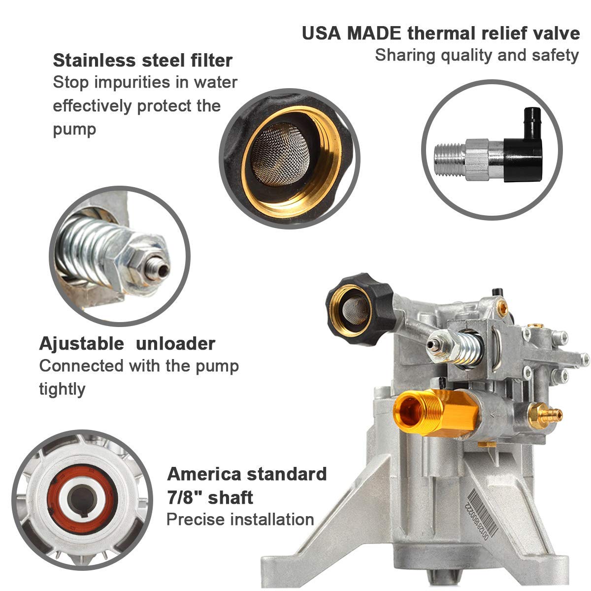 YAMATIC 7/8" Shaft Vertical Pressure Washer Pump 3000 PSI @ 2.5 GPM Replacement Pump for Power Washer Compatible with 308653045, 308653093, 308653052, 308653078, GCV190 Rear Inlet/Outlet  Washer Pump 2923VA-WFS