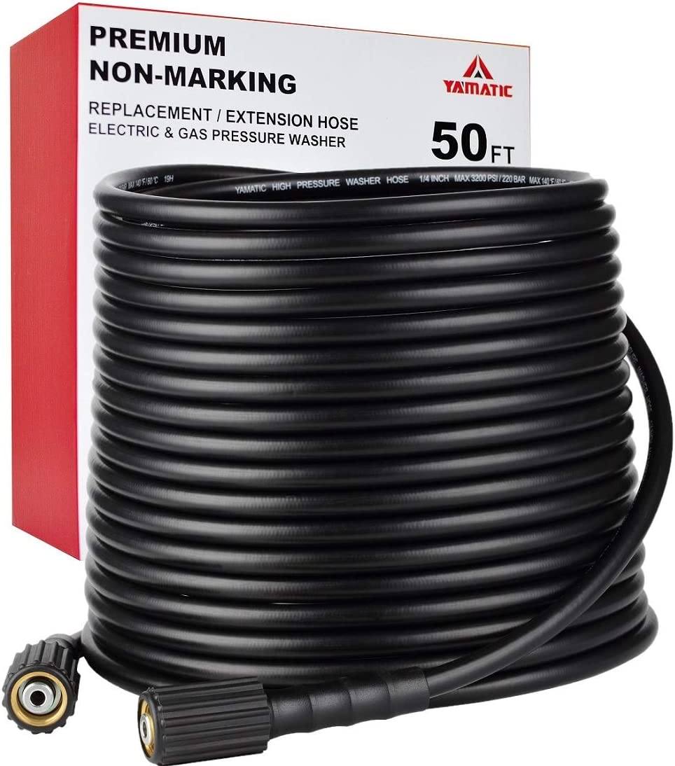 YAMATIC W Pressure Washer Hose 50 FT 1/4" Kink Free M22-14mm Brass Thread Replacement For Most Brand Pressure Washers, 3200 PSI