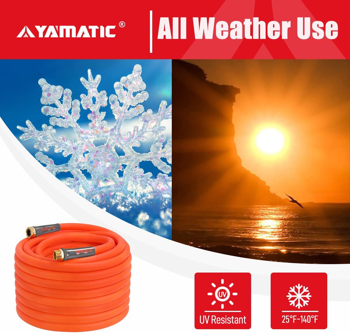 YAMATIC 5/8" Garden Hose 30ft, 50ft, 75ft, 100 Ft.  X 3/4" Connector All-Weather