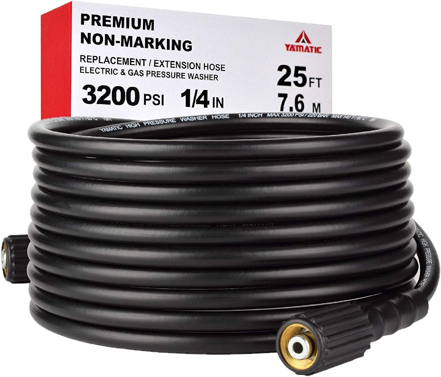 YAMATIC W Pressure Washer Hose 25 FT 1/4" Kink Free M22-14mm Brass Thread Replacement For Most Brand Pressure Washers, 3200 PSI..