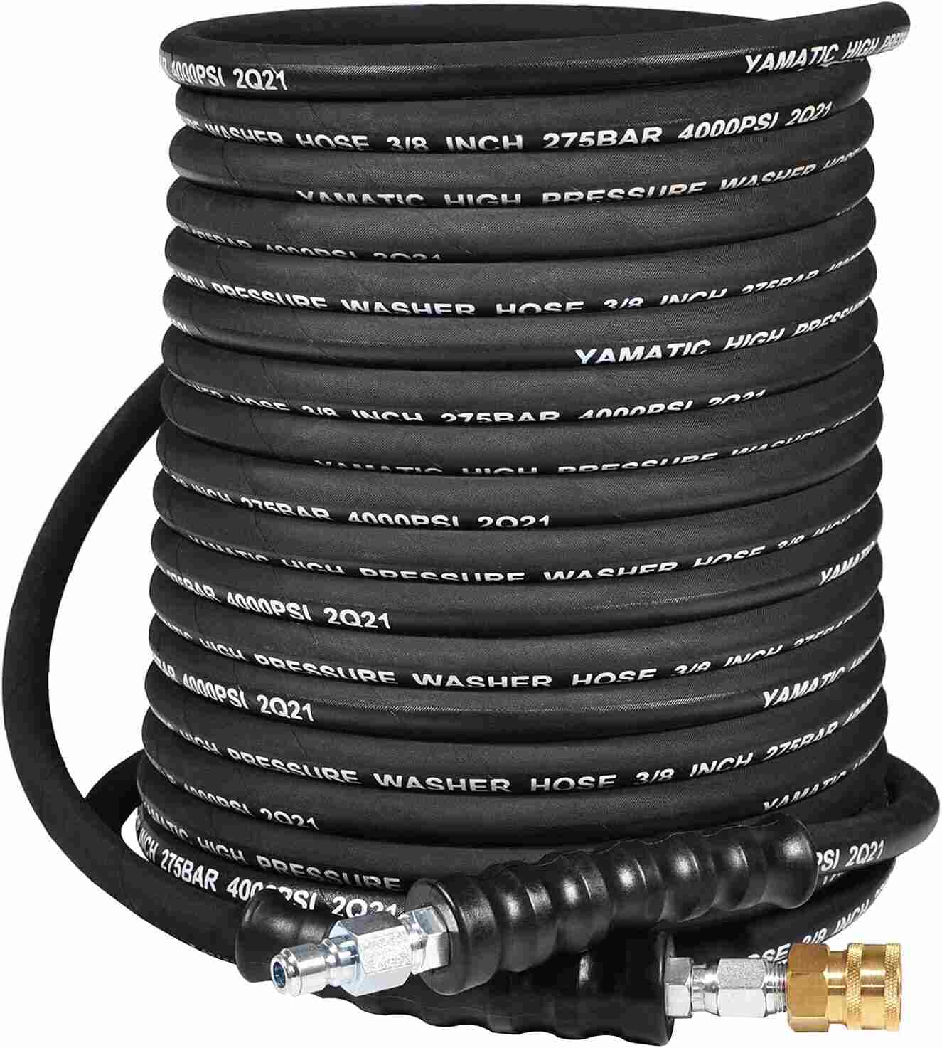 YAMATIC 3/8" Pressure Washer Hose 50FT Hot Water Power Washer Hose Max 212°F with Swivel Quick Connect, 4000 PSI Commercial Grade Steel Wire Braided & Synthetic Rubber Jacket, Kink Resistant