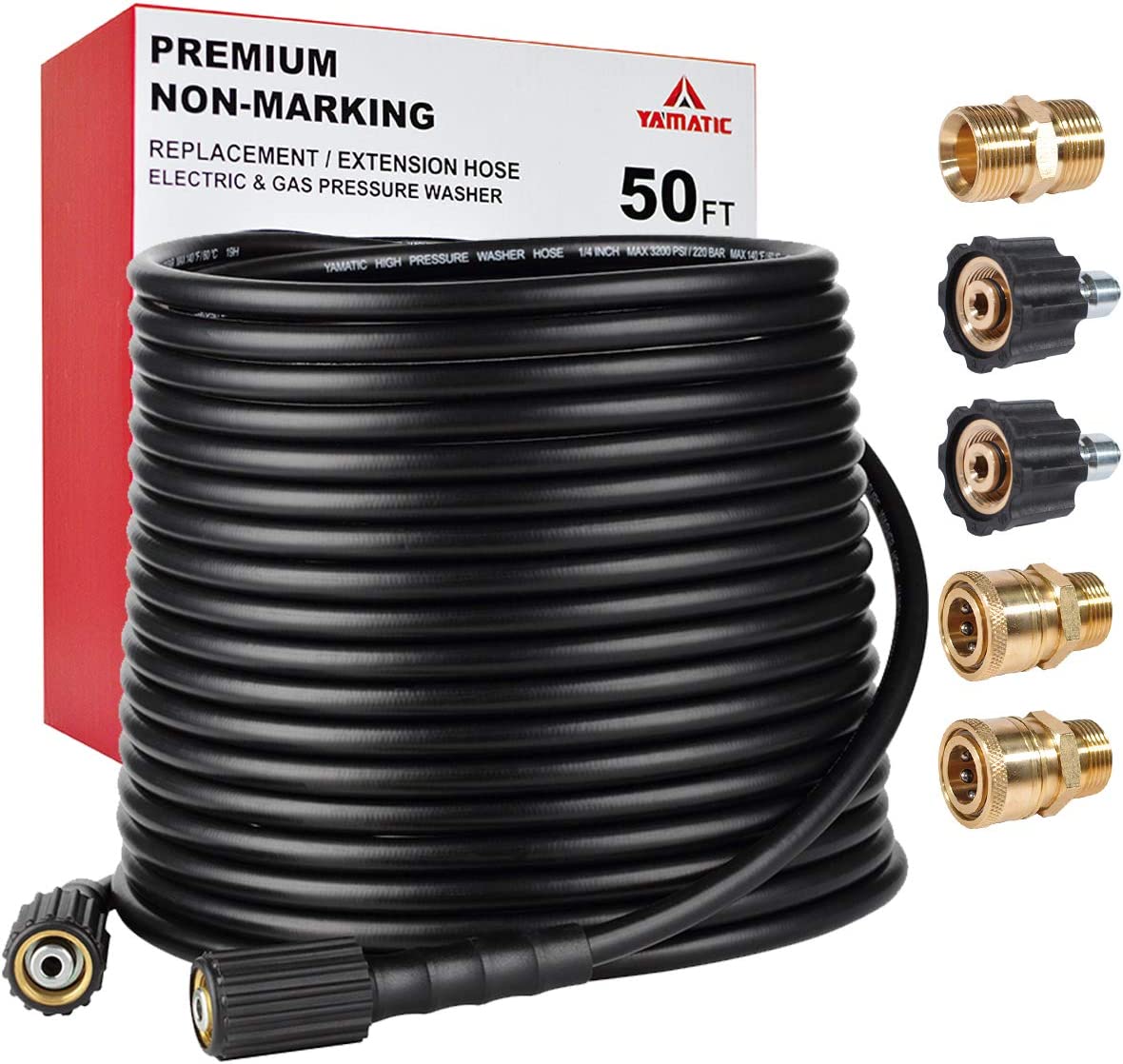 YAMATIC 1/4" Pressure Washer Hose 50ft 3200 PSI with M22 to 3/8" Adapters